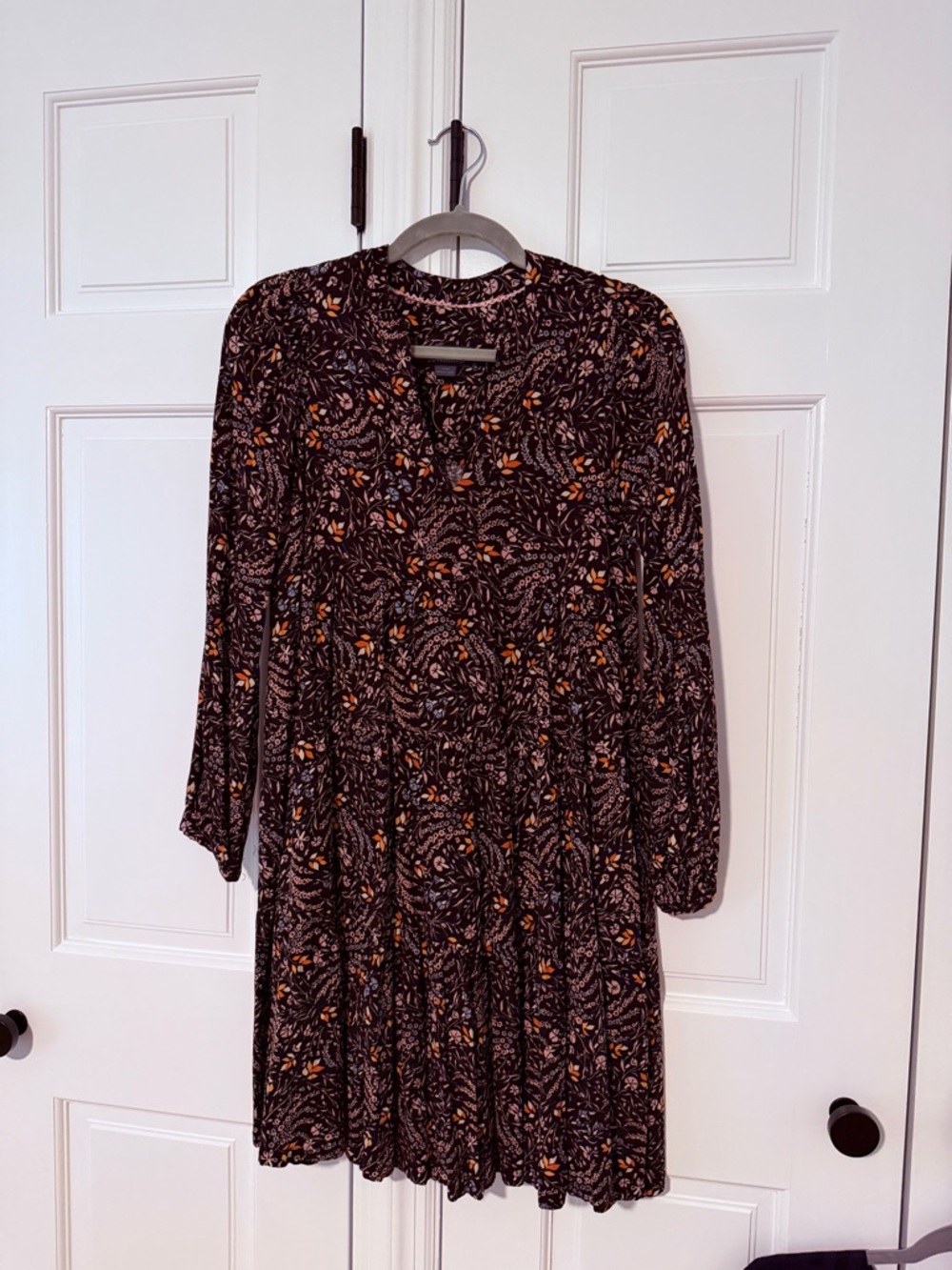 Anthropologie Black Floral Long-Sleeve Tiered Dress with multicolor Accents